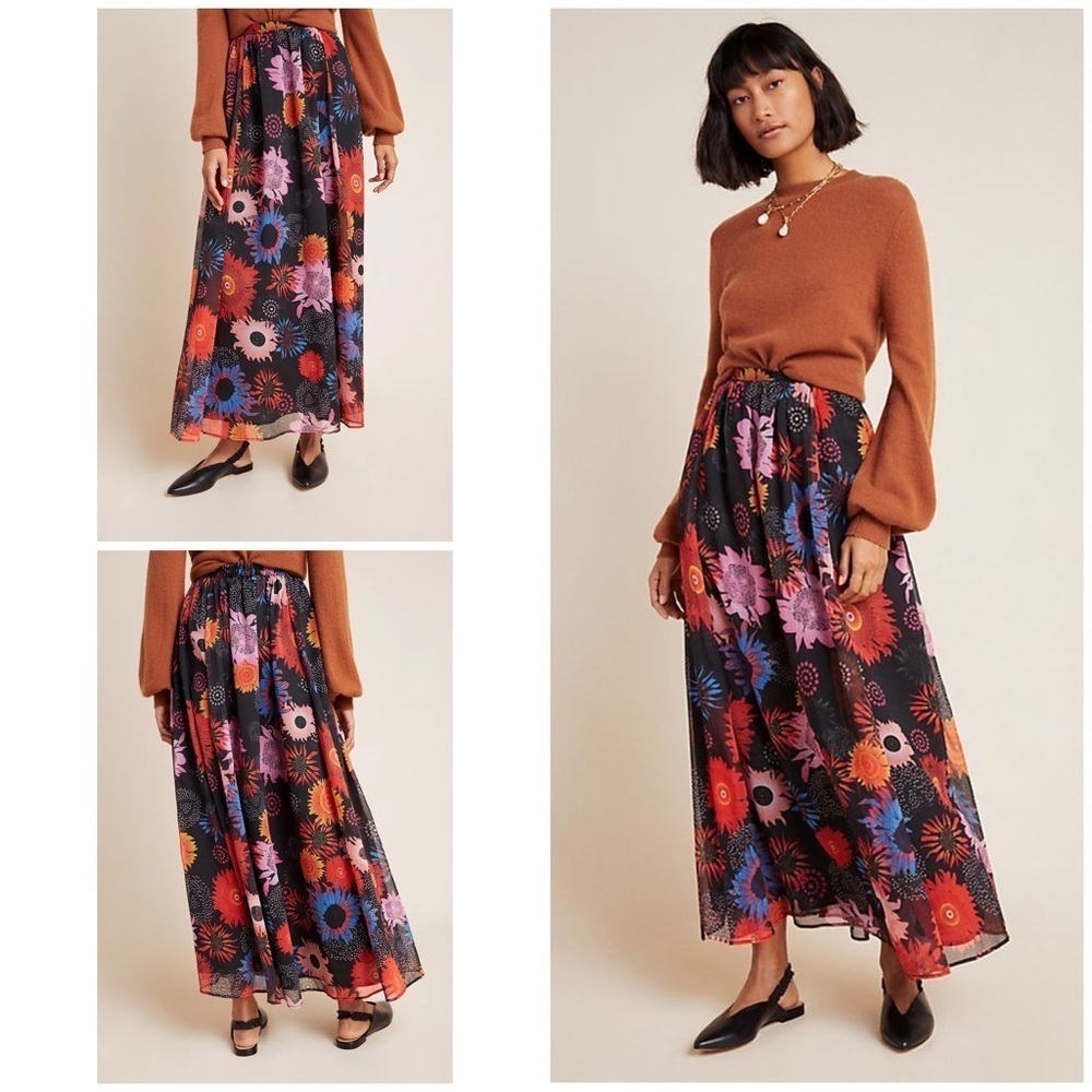 NWT Anthropologie Rina Dhaka  Genia Floral Sunflowers Daisy Maxi Skirt Small‌